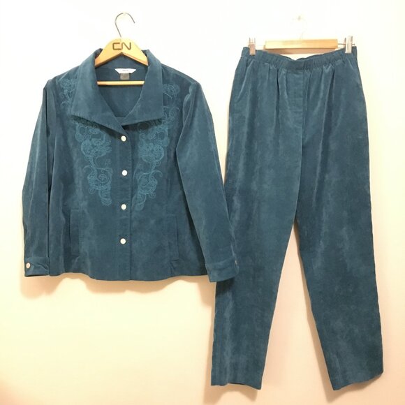 Vintage 90s Alia Embroidered Turquoise Corduroy Jacket and Pantsuit - Picture 2 of 16